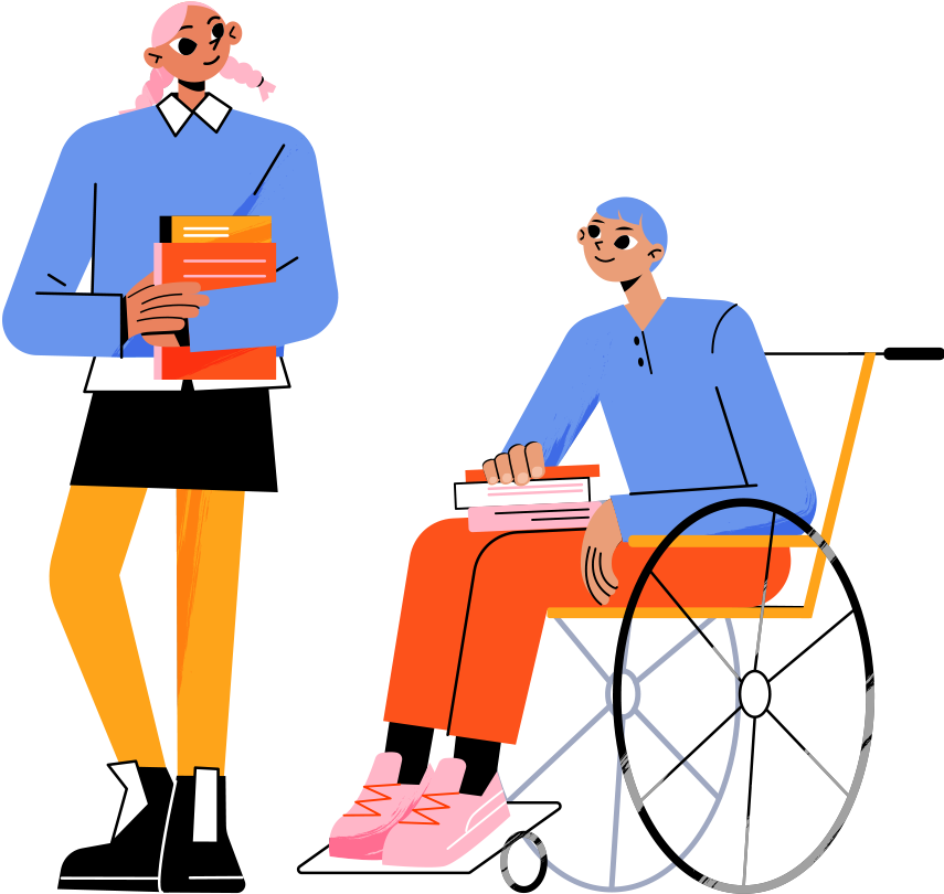 A cartoon of two people - one is standing and holding a book, the other is seated in a wheelchair