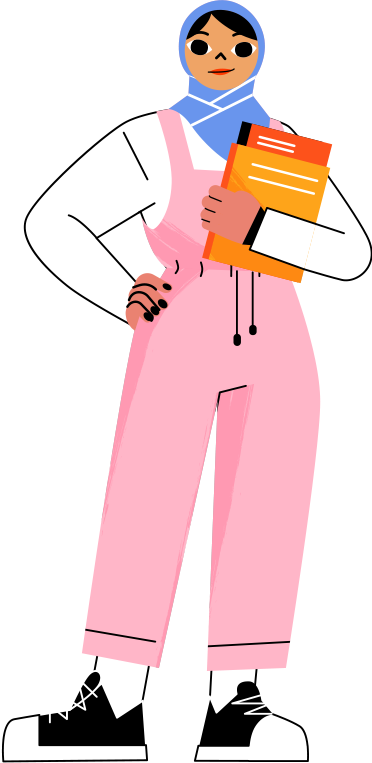 a cartoon character of a lady wearing a pair of pink overalls and holding a clip board